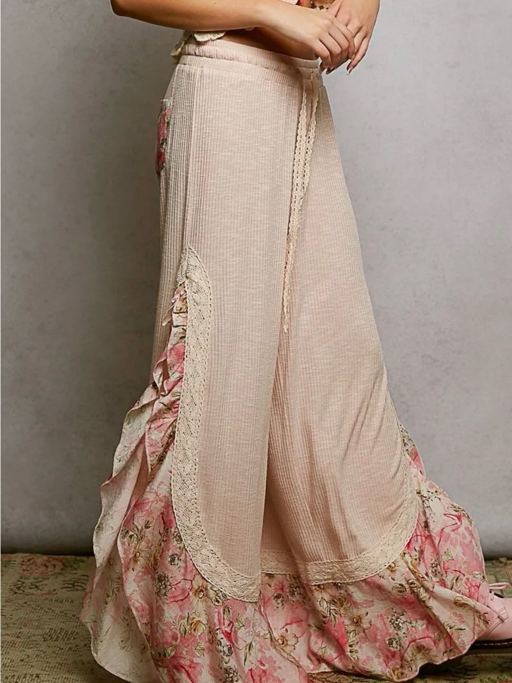 Pol rib flare ruffle floral crochet lounge festival feminine boho bohemian pants